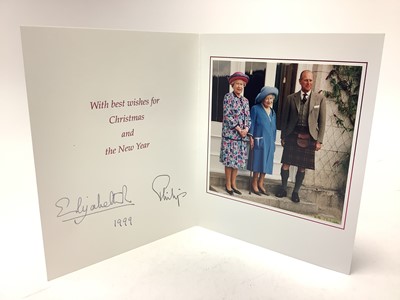 Lot 22 - H.M. Queen Elizabeth II and H.R.H. The Duke of Edinburgh, signed 1999 Christmas card with twin gilt Royal cyphers to cover, colour photograph to the interior of The Queen and Prince Philip with Th...