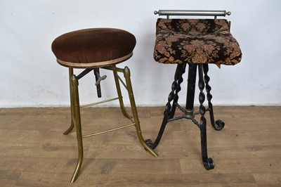 Lot 1227 - Circular music stool on brass splay legs together with brass and iron harpist’s stool