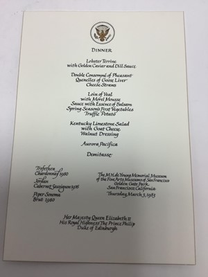 Lot 39 - The Royal Visit of H.M. Queen Elizabeth II and H.R.H. The Duke of Edinburgh to The United States of America March 1983, rare group of ephemera including Presidential invitation to dinner at The M...