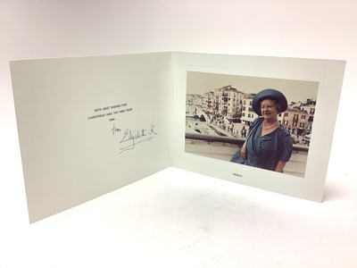 Lot 42 - H.M. Queen Elizabeth The Queen Mother, signed 1984 Christmas card with gilt embossed crown to cover, colour photograph of Her Majesty in Venice, signed in ink ' from Elizabeth R' Provenance: Air...