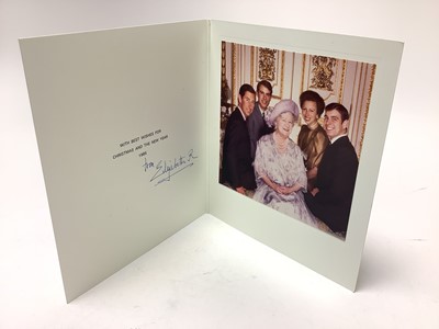 Lot 43 - H.M. Queen Elizabeth The Queen Mother, signed 1985 Christmas card with gilt embossed crown to cover, charming colour photograph of Her Majesty with her grandchildren to the interior, signed in in...