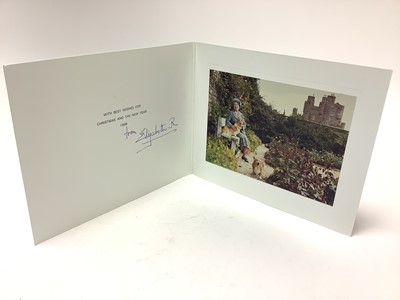 Lot 44 - H.M. Queen Elizabeth The Queen Mother, signed 1986 Christmas card with gilt embossed crown to cover, colour photograph of Her Majesty with corgis at the Castle of Mey, signed in ink ' from Elizab...