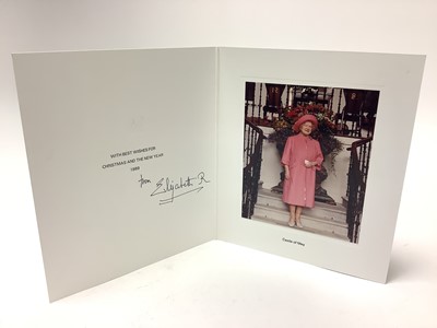 Lot 47 - H.M. Queen Elizabeth The Queen Mother, signed 1989 Christmas card with gilt embossed crown to cover, colour photograph of Her Majesty wearing a pink dress and hat at the Castle of Mey , signed in...