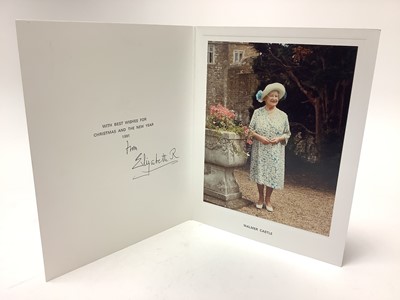 Lot 49 - H.M. Queen Elizabeth The Queen Mother, signed 1991 Christmas card with gilt embossed crown to cover, colour photograph of Her Majesty at Walmer Castle, signed in ink ' from Elizabeth R' Provenanc...