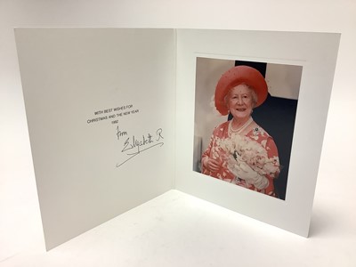 Lot 50 - H.M. Queen Elizabeth The Queen Mother, signed 1992 Christmas card with gilt embossed crown to cover, colour photograph of Her Majesty wearing a pink floral dress, signed in ink ' from Elizabeth R...