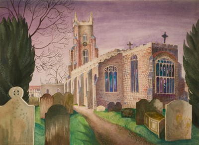 Lot 930 - *Joan Warburton (1920-1996) watercolour - Stoke by Nayland Church, initialled and dated '71, unframed, 53.5cm x 74cm