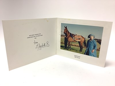 Lot 52 - H.M. Queen Elizabeth The Queen Mother, signed 1994 Christmas card with gilt embossed crown to cover, colour photograph of Her Majesty with Nearco Bay her horse , signed in ink ' from Elizabeth R'...