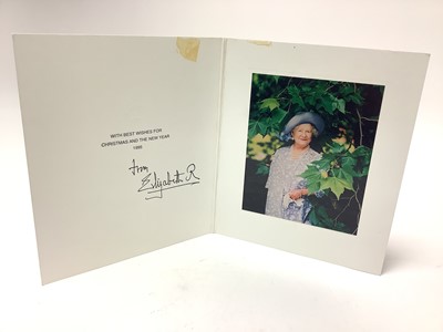 Lot 53 - H.M. Queen Elizabeth The Queen Mother, signed 1995 Christmas card with gilt embossed crown to cover, colour photograph of Her Majesty wearing a blue floral dress, signed in ink ' from Elizabeth R...