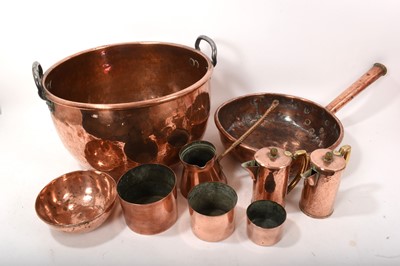 Lot 860 - Large 19th century copper cooking pot, jelly moulds and other metalware items