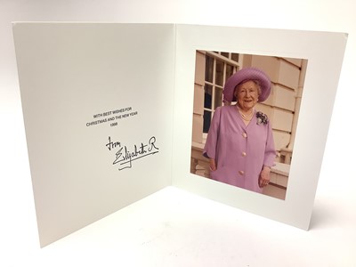 Lot 56 - H.M. Queen Elizabeth The Queen Mother, signed 1998 Christmas card with gilt embossed crown to cover, colour photograph of Her Majesty wearing a pink dress and hat, signed in ink ' from Elizabeth...