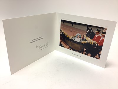 Lot 58 - H.M. Queen Elizabeth The Queen Mother, signed 2000 Christmas card with gilt embossed crown to cover, colour photograph of Her Majesty riding in an open carriage with her grandson Prince Charles,...