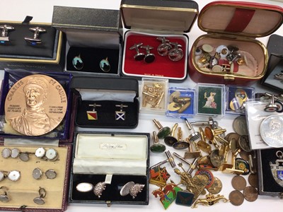 Lot 1017 - Various cufflinks and studs including some silver, a silver and enamel fob, French medallion, coins etc