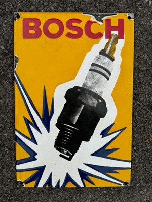 Lot 62 - Reproduction Bosch spark plugs enamel advertising sign, 23 x 34cm.