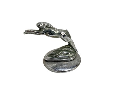 Lot 42 - Art Deco chromium plated car mascot in the form of a leaping hare, stamped on base 'Westwoods Patents 255168 291941, 18022 - 32', the mascot 6.8cm in overall height.