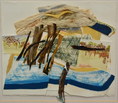 Lot 910 - *Sally McLaren (b.1936) collage and mixed media - media - 'Waterlogs', signed, 29cm x 35cm, in glazed frame