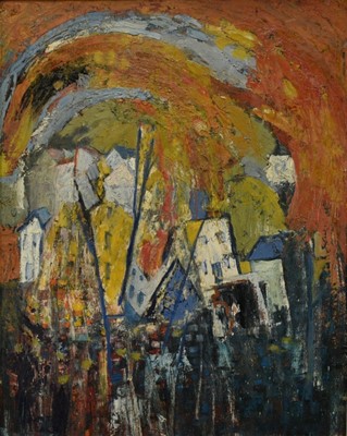 Lot 914 - Nell Todd (1909-1976) oil on board - Abstract Landscape with Buildings, signed, 76cm x 61cm, framed