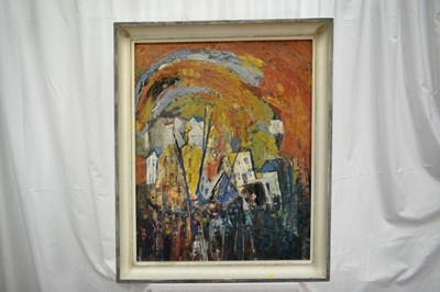 Lot 914 - Nell Todd (1909-1976) oil on board - Abstract Landscape with Buildings, signed, 76cm x 61cm, framed