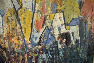 Lot 914 - Nell Todd (1909-1976) oil on board - Abstract Landscape with Buildings, signed, 76cm x 61cm, framed
