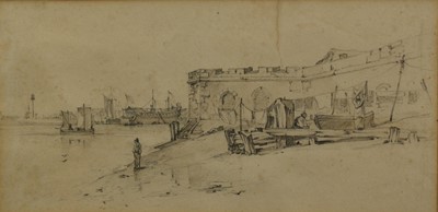 Lot 918 - Samuel Prout (1783-1852) pencil sketch - Thames Foreshore, 15cm x 30cm, in glazed frame