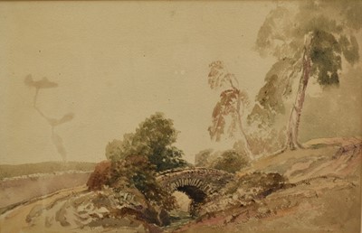 Lot 922 - Attributed to Peter de Wint (1784-1849) watercolour - Landscape with Bridge, 32cm x 49cm, in glazed gilt frame