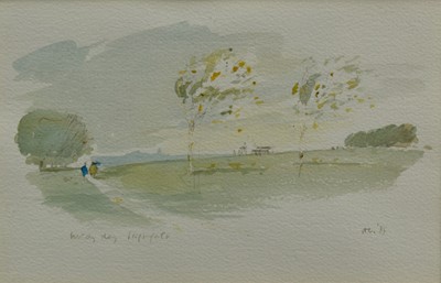 Lot 917 - *Hugh Casson (1910-1999) watercolour - Windy Day, Highgate, signed with initials and dated ‘89, in glazed frame