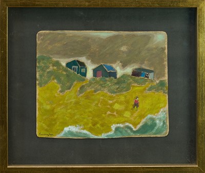 Lot 908 - *Joanna Carrington (1931-2003) oil on board - Bathing Huts, Walberswick, signed, in glazed frame