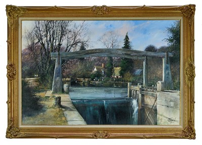 Lot 950 - *Clive Madgwick (1939-2005) acrylic on canvas - Flatford Lock, signed, 61cm x 91cm, in gilt frame