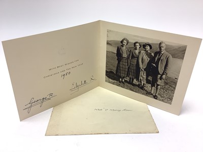 Lot 74 - T.M. King George VI and Queen Elizabeth, signed 1950 Christmas card with gilt embossed crown to cover, photograph of the King and Queen with their daughters in Scotland to the interior, signed in...