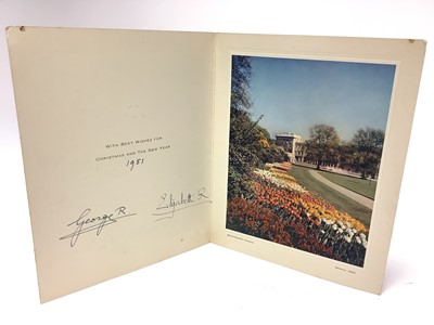 Lot 75 - T.M. King George VI and Queen Elizabeth, signed 1951 Christmas card with gilt embossed crown to cover, photograph of Buckingham Palace in Spring 1950 to the interior, signed in ink ' George R 19...