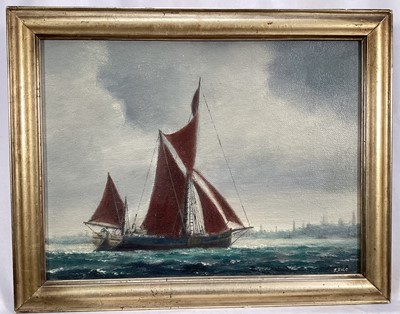 Lot 140 - Jack Rigg, oil on board, Thames Barge