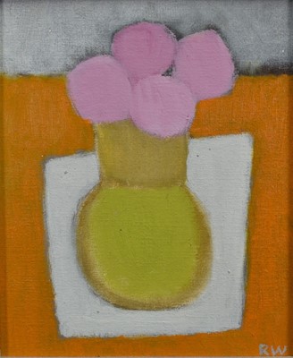 Lot 913 - Rachel Windham (1916-2005) oil on board - Pink Flowers in a Yellow Vase, signed, 30cm x 25cm, framed