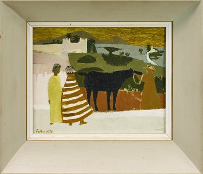 Lot 901 - *Mary Fedden (1915-2012) oil on board - Horse and Figures in Mediterranean Landscape, signed and dated 1976, 21cm x 26.5cm, framed