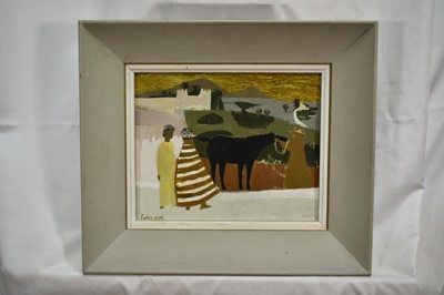 Lot 901 - *Mary Fedden (1915-2012) oil on board - Horse and Figures in Mediterranean Landscape, signed and dated 1976, 21cm x 26.5cm, framed