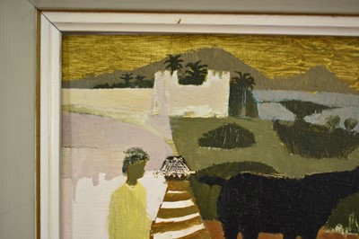 Lot 901 - *Mary Fedden (1915-2012) oil on board - Horse and Figures in Mediterranean Landscape, signed and dated 1976, 21cm x 26.5cm, framed