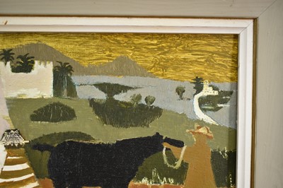 Lot 901 - *Mary Fedden (1915-2012) oil on board - Horse and Figures in Mediterranean Landscape, signed and dated 1976, 21cm x 26.5cm, framed