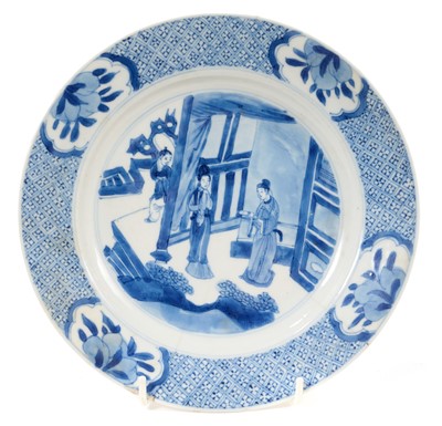 Lot 28 - Chinese blue and white porcelain plate, Kangxi period, decorated with a figural scene, with apocryphal Chenghua mark to base