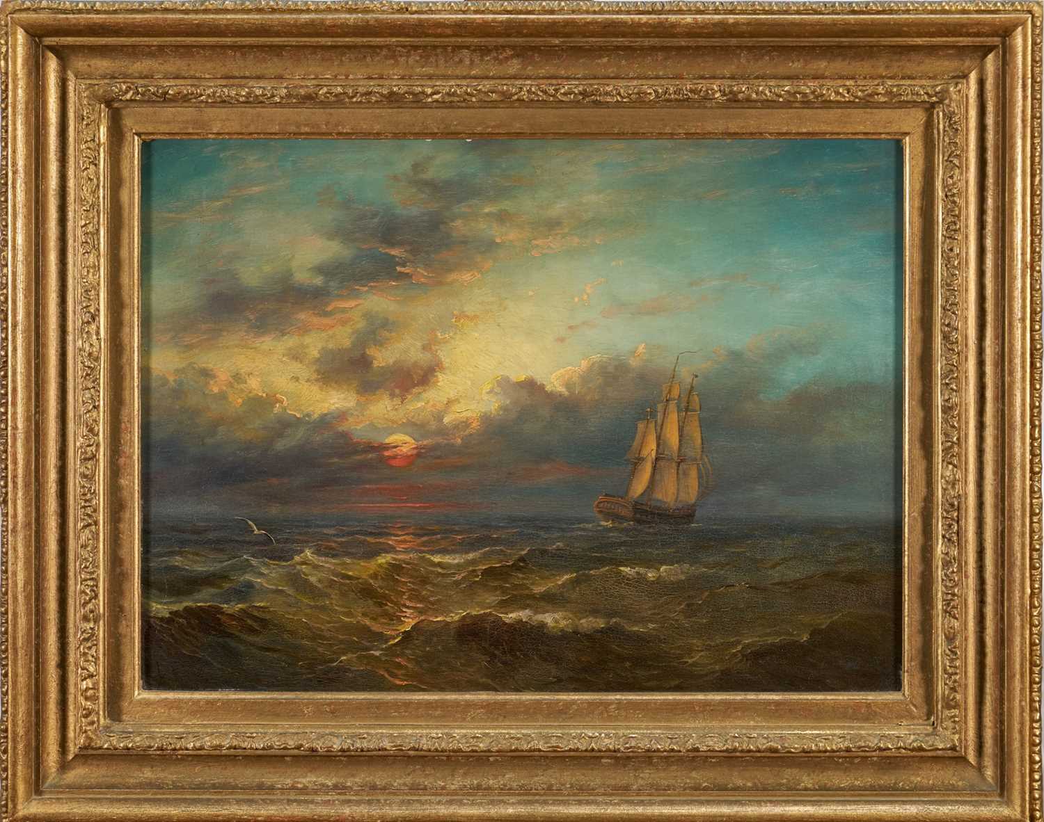 Lot 1129 - John Moore of Ipswich (1831-1895) oil on panel - Ship under Sail at Dusk, signed and dated 1880, 33cm x 45cm, in gilt frame .