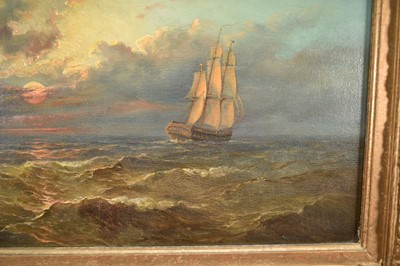 Lot 1129 - John Moore of Ipswich (1831-1895) oil on panel - Ship under Sail at Dusk, signed and dated 1880, 33cm x 45cm, in gilt frame .