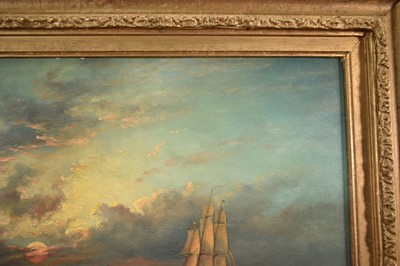 Lot 1129 - John Moore of Ipswich (1831-1895) oil on panel - Ship under Sail at Dusk, signed and dated 1880, 33cm x 45cm, in gilt frame .