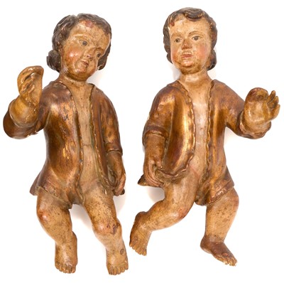 Lot 852 - Pair of 19th century polychrome painted gesso and carved wood cherubs