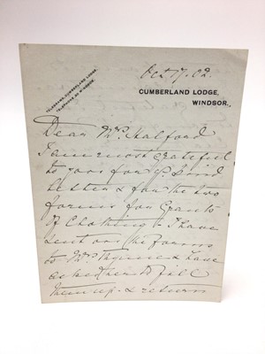 Lot 94 - H.R.H. Princess Helena (Princess Christian of Schleswig- Holstein ) the fifth child of Queen Victoria and Prince Albert: handwritten letter dated October 17th 1902 , thanking Mrs Halford for her...