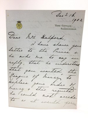 Lot 95 - H.R.H. Princess Victoria Mary of Wales (later Queen Mary) handwritten letter dated December 16th 1902 on York Cottage, Sandringham headed paper, thanking Mrs Halford for her letter and discussin...