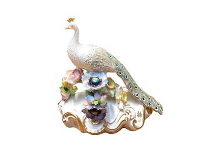 Lot 1107 - Royal Crown Derby model of a peacock, on a gilt scrollwork base with applied flowers