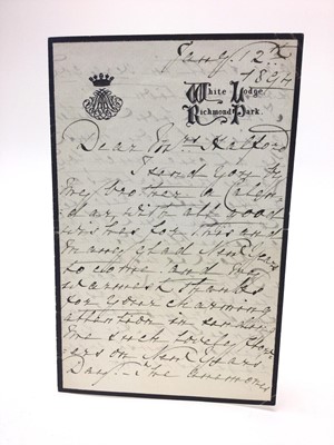 Lot 96 - H.R.H. Princess Mary Adelaide of Cambridge Duchess of Teck (mother of Queen Mary and granddaughter of King George III) , two handwritten letters on White Lodge, Richmond Park headed paper dated...