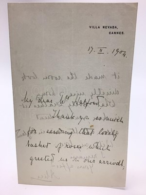 Lot 98 - H.R.H. Princess Alice Countess of Athlone (granddaughter of Queen Victoria ) handwritten letter on Vila Nevada, Cannes headed paper dated 17-11-1904 thanking Mrs Halford for some lovely flowers...