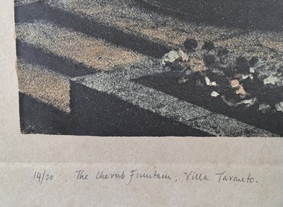 Lot 142 - Jennifer Dickson, three hand-coloured mezzotints & aquatints 'Morning Mist, Isola Bella', 'Dappled Sunlight (Bowood), 'The Cherub, Fountain, Villa Taranto' (3)
