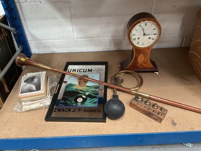 Lot 95 - Antique car horn, hunting horn, advertising mirror and postal weights