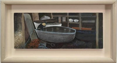 Lot 973 - *Tessa Newcomb (b.1955) oil on board - Figure in the Boat Shed, initialled, 11.5cm x 28cm, framed