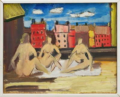 Lot 976 - *Robert Sadler (1909-2001) acrylic on board - Three Nudes on Aldeburgh Beach, artist’s stamp verso, 20cm x 25cm, framed