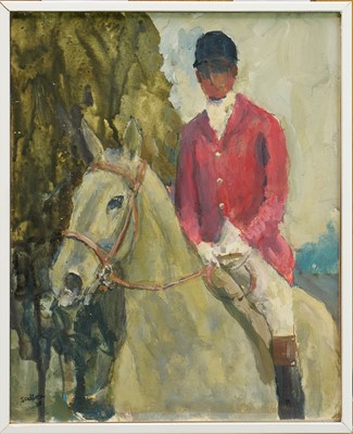 Lot 979 - *Robert Sadler (1909-2001) acrylic on board - Grey horse with Huntsman up, signed and dated '88, 28cm x 23cm, framed